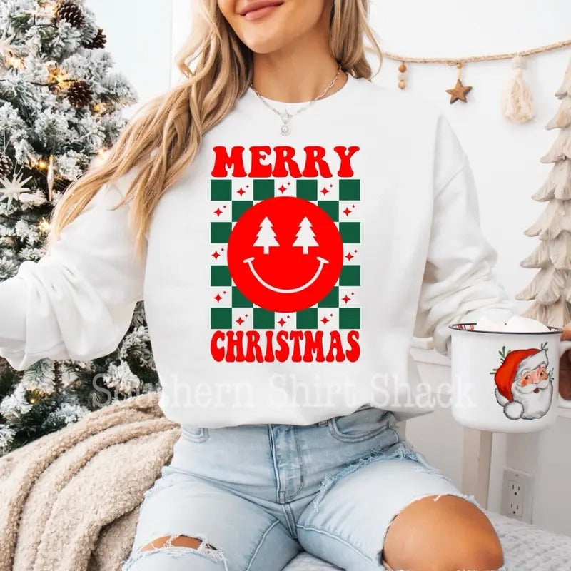 Merry Christmas Smiley Checkered Sweatshirt | Christmas Sweatshirt T-Shirts, Hoodie | RetroVerseTees.com