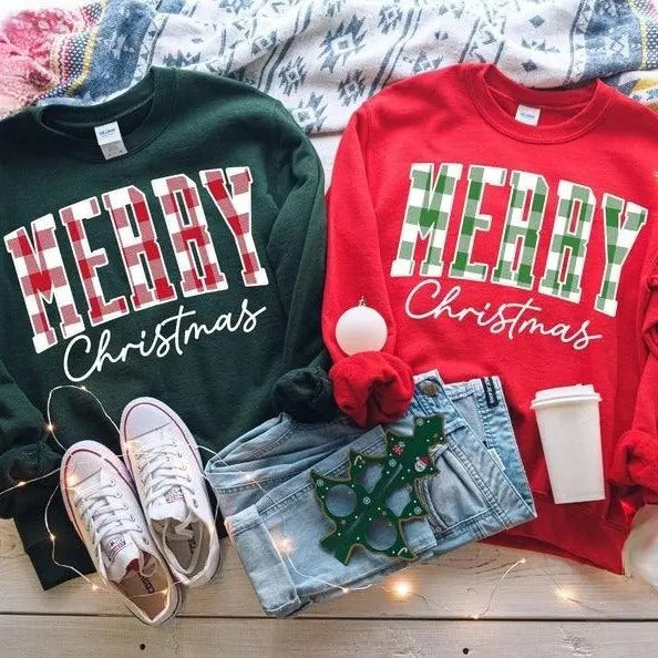 Merry Christmas Sweatshirt,  Plaid Sweater, Christmas Family crewneck, Xmas Gift Shirt, Woman Xmas Shirt, Cute Winter...
