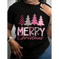 Merry Christmas T-Shirt For Women Festive Pink Plaid & Leopard Print Trees Design Holiday Seasonal Graphic Tee Cute Xmas...