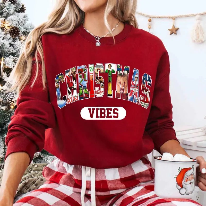 Merry Christmas Vibes 90s Movies Shirt Crewneck Sweatshirt, Christmas Shirt for Movies Lovers Cotton Womenswear Hoodie