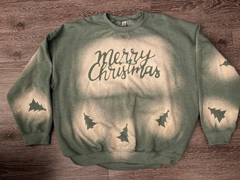 Merry Christmas with Trees Bleached Crewneck T-Shirts, Hoodie, Sweatshirt | RetroVerseTees.com
