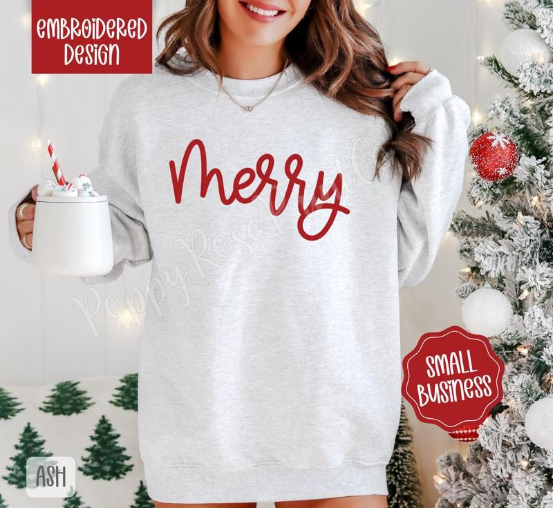 Merry Embroidered Christmas Sweatshirt, Holiday Crewneck Sweatshirt, Xmas Sweater T-Shirts, Hoodie | RetroVerseTees.com