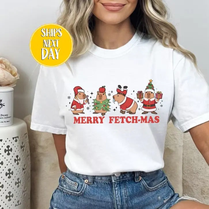 Merry Fetch Mas Capybara Santa Claus T-Shirt, Funny Animal T Shirt Hoodie, Sweatshirt | RetroVerseTees.com