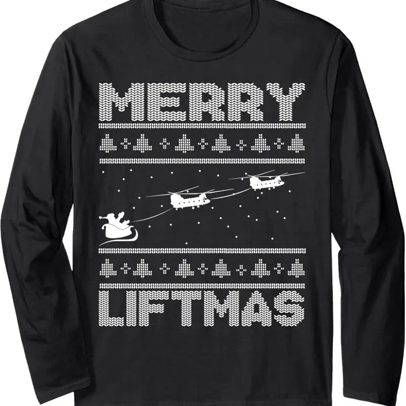 Merry Liftmas Chinook Helicopter Ugly Christmas Chinook Long Sleeve T-Shirt Hoodie, Sweatshirt | RetroVerseTees.com