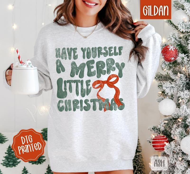 Merry Little Christmas Sweatshirt, Trendy Women's Holiday Crewneck T-Shirts, Hoodie | RetroVerseTees.com