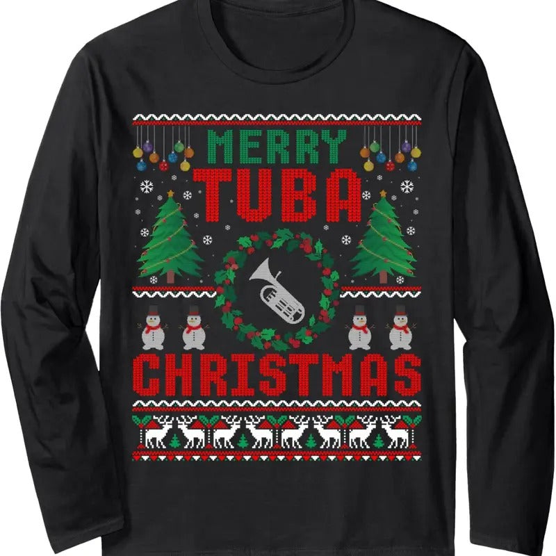 Merry Tuba Christmas Ugly Sweater Music Instrument Long Sleeve T-Shirt Hoodie, Sweatshirt | RetroVerseTees.com