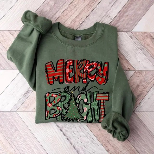 Merry and Bright Sweater, Christmas Tree Merry Bright Green and Red Patterns Unisex Cotton Sweatshirt T-Shirts, Hoodie