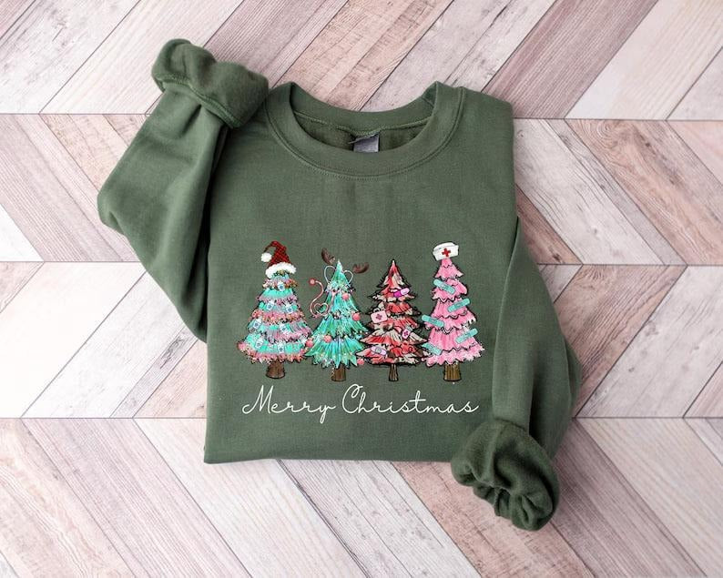 Merry and Bright Trees Sweatshirt, Women's Christmas Shirt, Womans Holiday Shirt, Christmas Gift, Chic Winter Shirt, Cute...