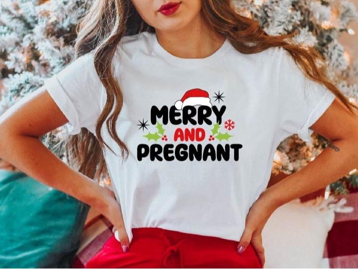 Merry and Pregnant Shirt, Pregnancy Announcement Shirt, Christmas Maternity Gift T-Shirt, Funny Pregnancy Xmas Baby Tee,...