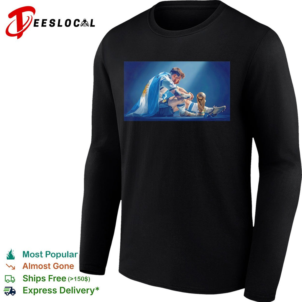 Messi holding World Cup trophy Argentina flag dramatic photo shirt