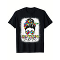 [Messy Bun Autism Mom] Mothers Day Autism Mom T-Shirt 2024 - Messy Bun Bleached Printed Pattern