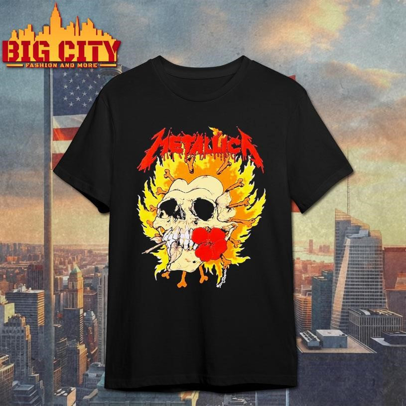 Metallica Flaming Skull &amp; Flower Puff Paint Shirt
