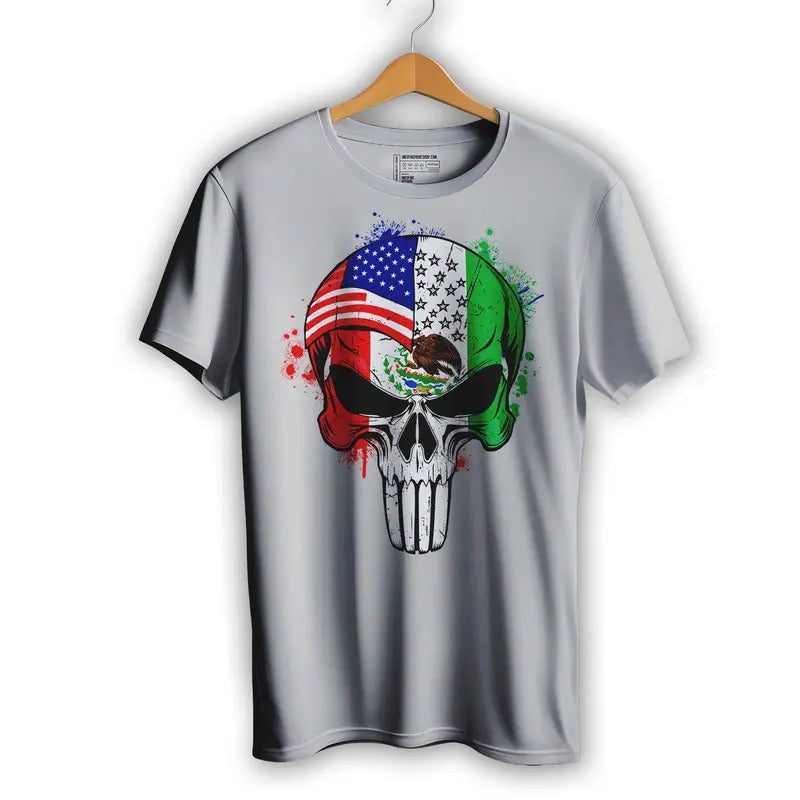 Mexican American Flag Skull El Castigador Short Sleeve T-Shirt Casual Crewneck Hoodie, Sweatshirt | RetroVerseTees.com