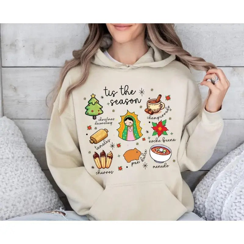 Mexican Christmas Sweatshirt, Virgen De Guadalupe Holiday Hoodie, Virgencita T-Shirt, Virgin Mary Design, Unisex Pullover...