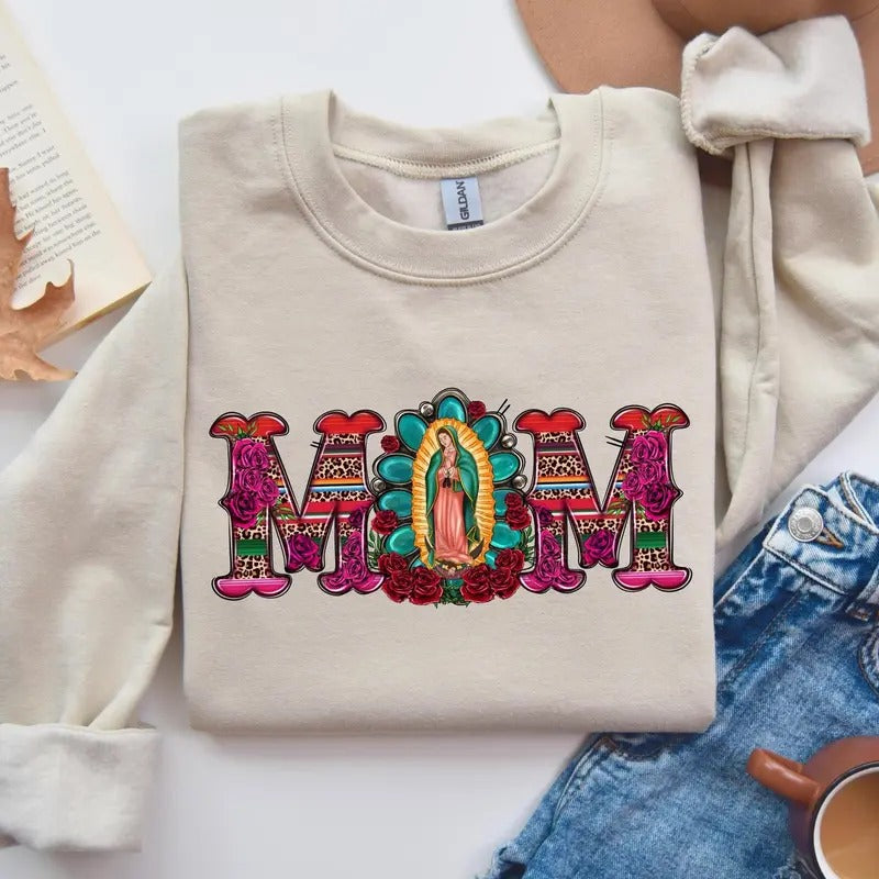 Mexican Mom Shirt Gunpla brand Sweatshirt with Virgen Breathing styles Guadalupe |, TNF'WB shield Day sweater, Mexican...