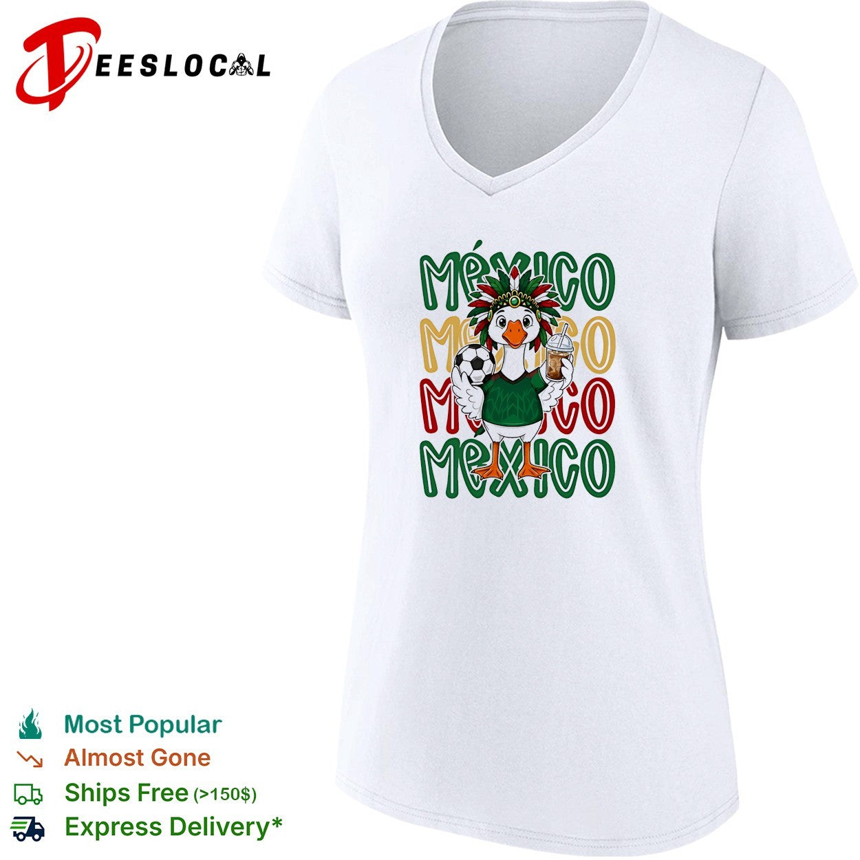 Mexico duck mascot Aztec headdress soccer ball iced drink stacked text shirt