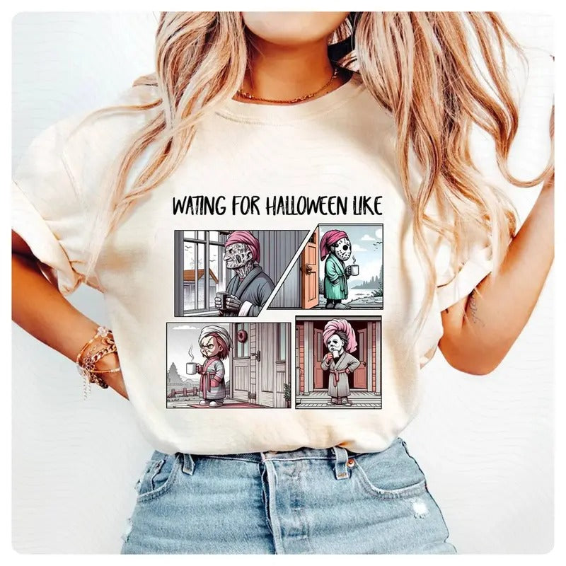 Michael Myers Waiting For Halloween Like   Movie Characters Shirt,   Character Daily Life Shirt Spooky Season Shirt...