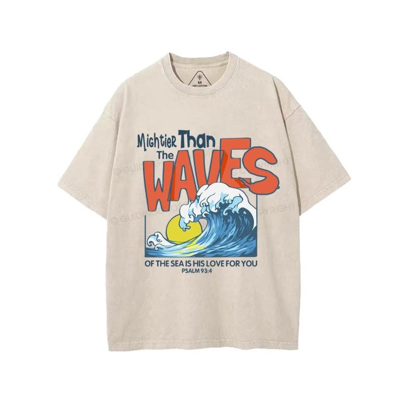 Mightier Than The Waves Christian Washed T-Shirt Pure Cotton Fabric Casual Streetstyle Crew Neck Short Sleeve Soft-Washed...