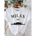 Milan Italy Letter Print T-shirt, Short Sleeve Crew Neck Casual Top For Summer & Spring, Women'WB shield Clothing style...