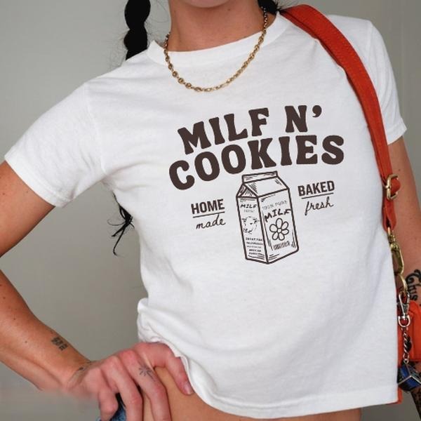 Milf n cookies Baby Tee stay at home milf shirt, Vintage 90s style top clothing, Unisex graphic Streetwear Babytee...