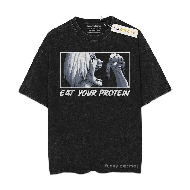 [ Mineral Wash ] Funny, Eat Your Protein, Manga Bodybuilding Fitness Anime Gym Tee, Fan Lovers Streetwear & Washed Gym...