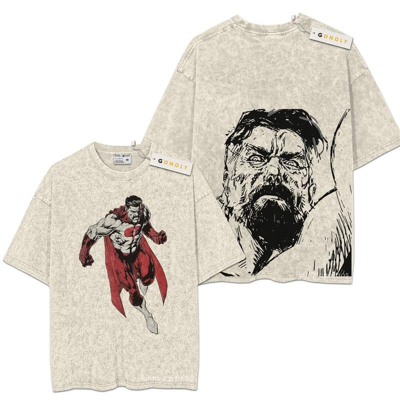 [ Mineral Wash ] Nolan Grayson, OmniMan Invincible Anime Double Printed Washed Tee Unisex Oversize Heavyweight Cotton...