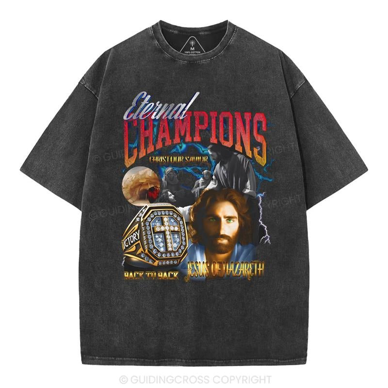 [Mineral Wash Shirt] Eternal Champion Jesus Christian Washed Shirt Jesus Graphic Style Shirt Crewneck Casual Hoodie,...