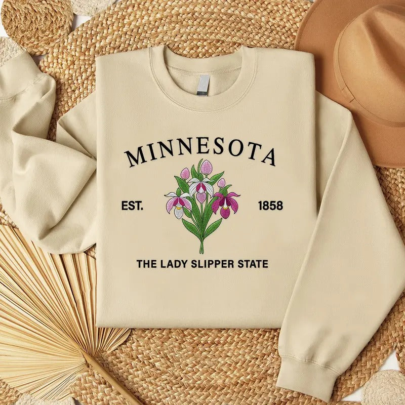 Minnesota Lady Slipper Embroidered State Flower Sweatshirt, Hometown Embroidered Shirt, Favorite Flower Embroidered Shirt...