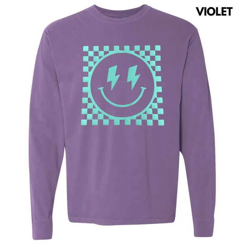 Mint Puff Checkered Happy Face Long Sleeve Comfort Colors T-Shirt Hoodie, Sweatshirt | RetroVerseTees.com