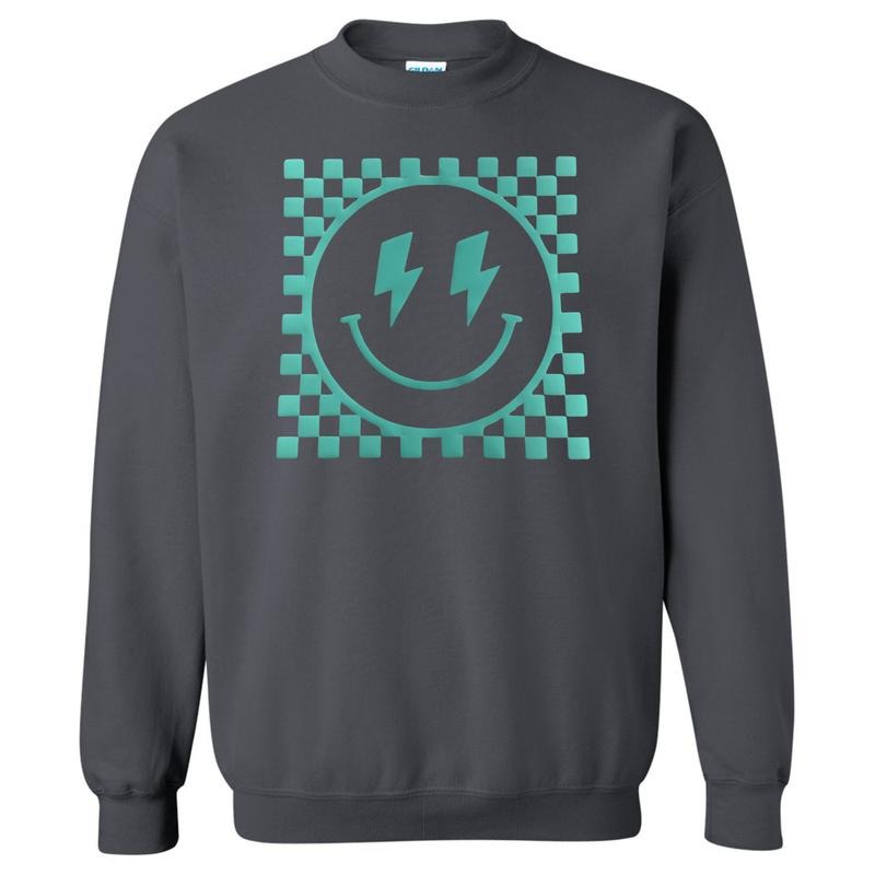 Mint Puff Checkered Happy Face Sweatshirt T-Shirts, Hoodie | RetroVerseTees.com