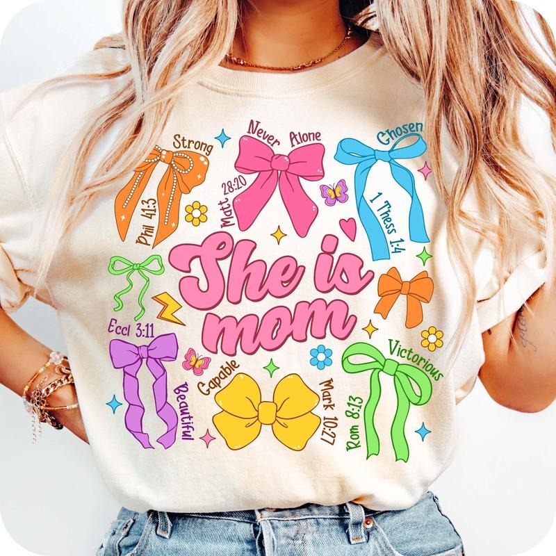 Mom Coquette Bow T-Shirt, She Is Mom T-Shirt, Bible Verses T-Shirt, Mom T-Shirt, Empowered Women T-Shirt, Christian,...