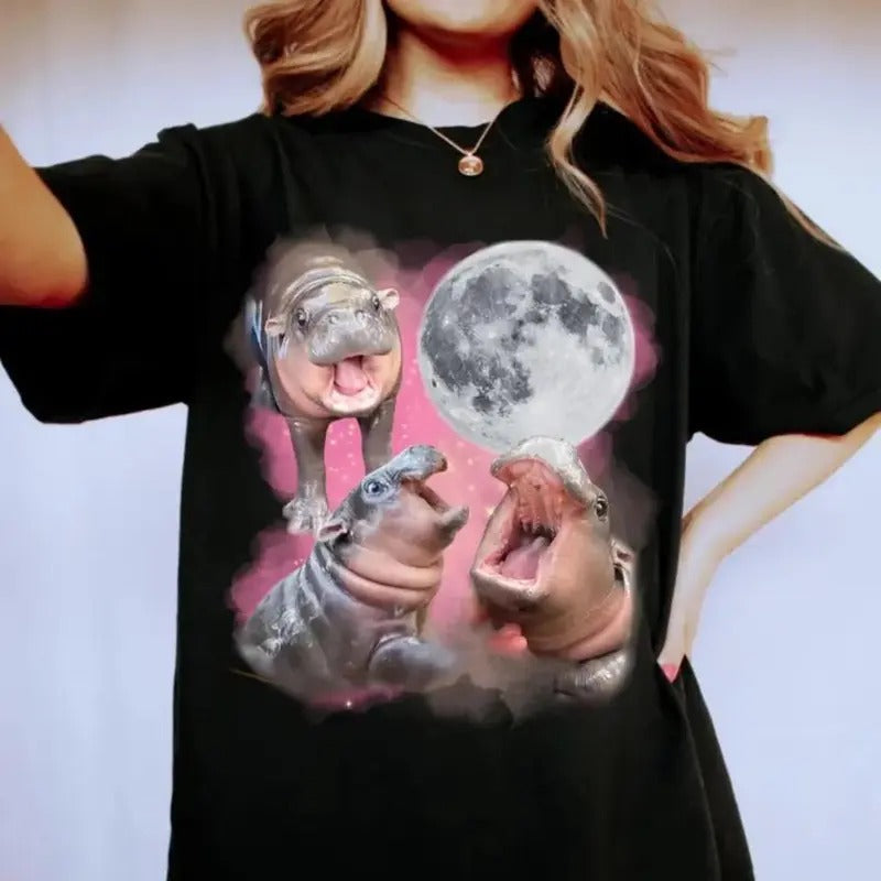 Moo Deng Shirt , Three Moo Deng Howling At The Moon Shirt , Vintage 90s Graphic Tee , Funny Bootleg Tee , Moo-Deng The...