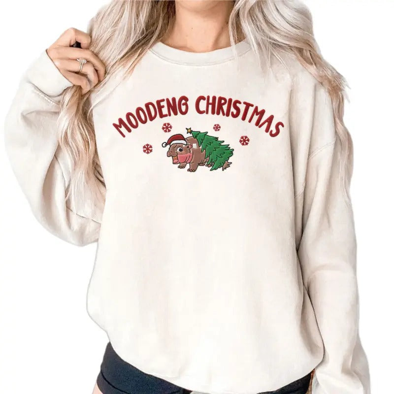 Moodeng Christmas Shirt, Embroidered T-shirt, Holiday Unisex Sweatshirt, Funny Baby Hippo Tee Hoodie | RetroVerseTees.com