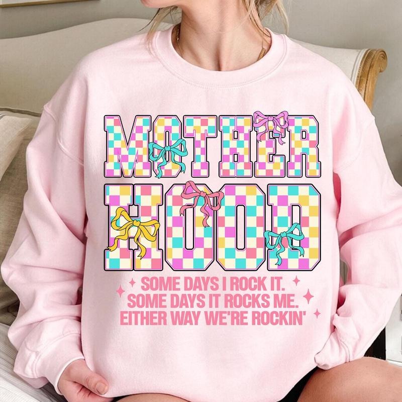 Mother Hood Checkered Rocks it Sweater, Mother Hood Coquette Bow Tee, Funny Sarcastic Mom Shirt, Funny Mom Life, Mama,...