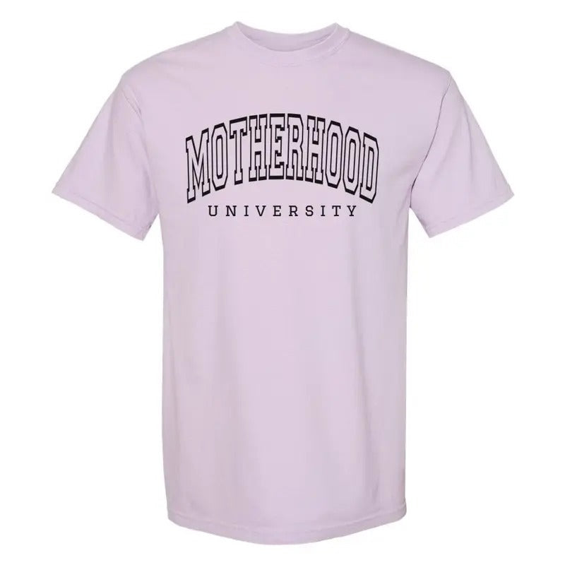 Motherhood University T-Shirt - Short Sleeve Design with Logo, Ideal for Casual Wear Hoodie, Sweatshirt | RetroVerseTees.com