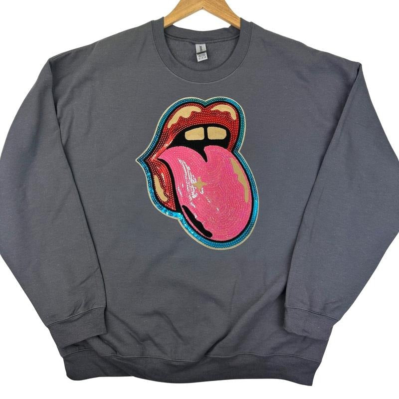 Mouth Sequin Patch Gildan Sweatshirt T-Shirts, Hoodie | RetroVerseTees.com