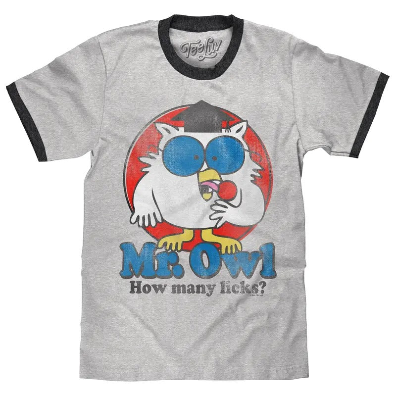 Mr. Owl How Many Licks? Ringer T-Shirt - Gray and Black Hoodie, Sweatshirt | RetroVerseTees.com