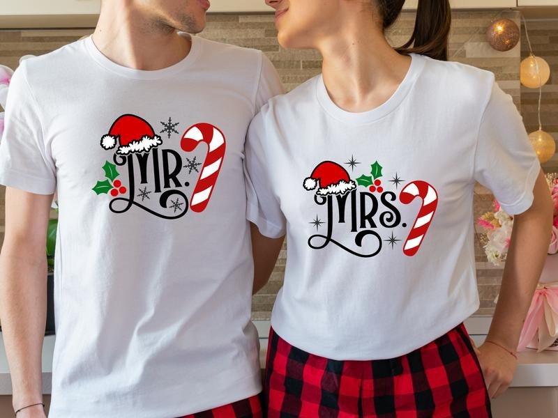 Mr And Mrs Christmas Shirt, Matching Couples Xmas Party Tees, Wife And Husband Holiday T-Shirt, New Married Gift, Santa...