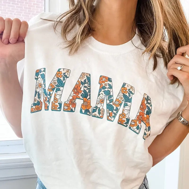 Multi-Floral Print MAMA T-Shirt | Summer MAMA Top | Gift for Mom Casual Womenswear Comfortable Day Hoodie, Sweatshirt