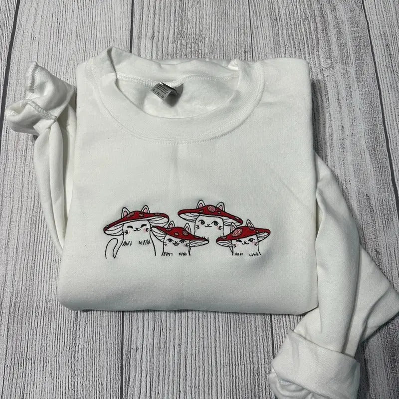 Mushrooms cats; cute cats in mushroom hats; delightful cats embroidered sweatshirt, casual women crewneck gift; women...