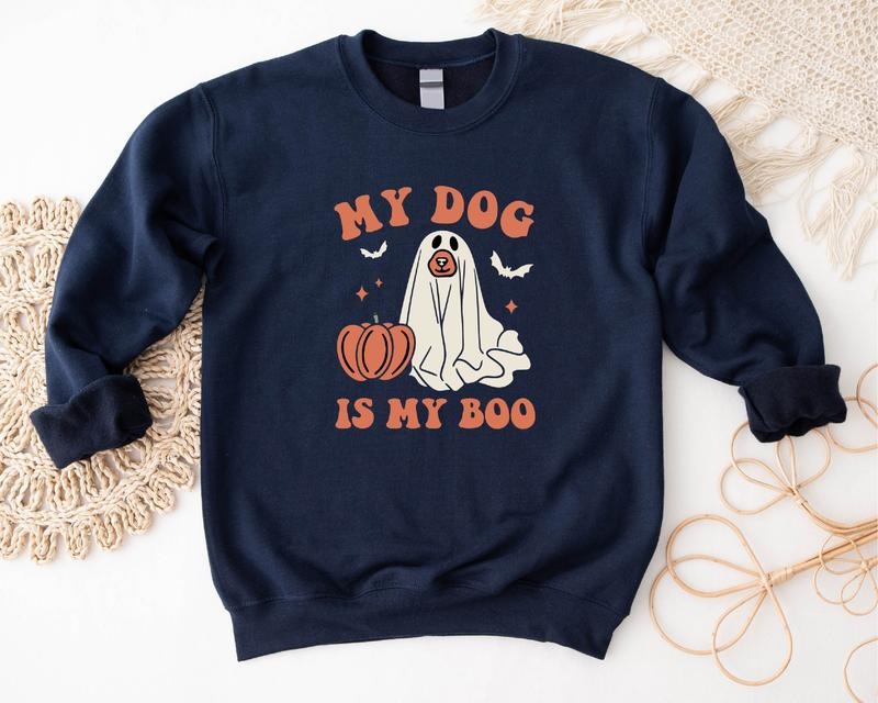 My Dog Is My Boo Sweatshirt, Funny Ghost Dog Halloween Hoodie, Unisex Dog Owner Gift Sweater, Spooky Season Long Sleeve,...