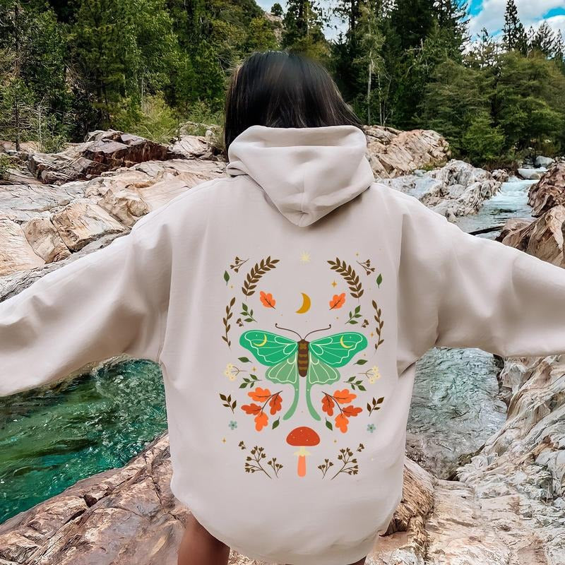 Mystical Moth and Moon, Enchanted Floral Night Sky Hoodie T-Shirts, Sweatshirt | RetroVerseTees.com