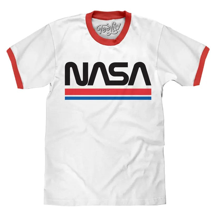NASA Worm Logo Ringer T-Shirt - White and Red Hoodie, Sweatshirt | RetroVerseTees.com