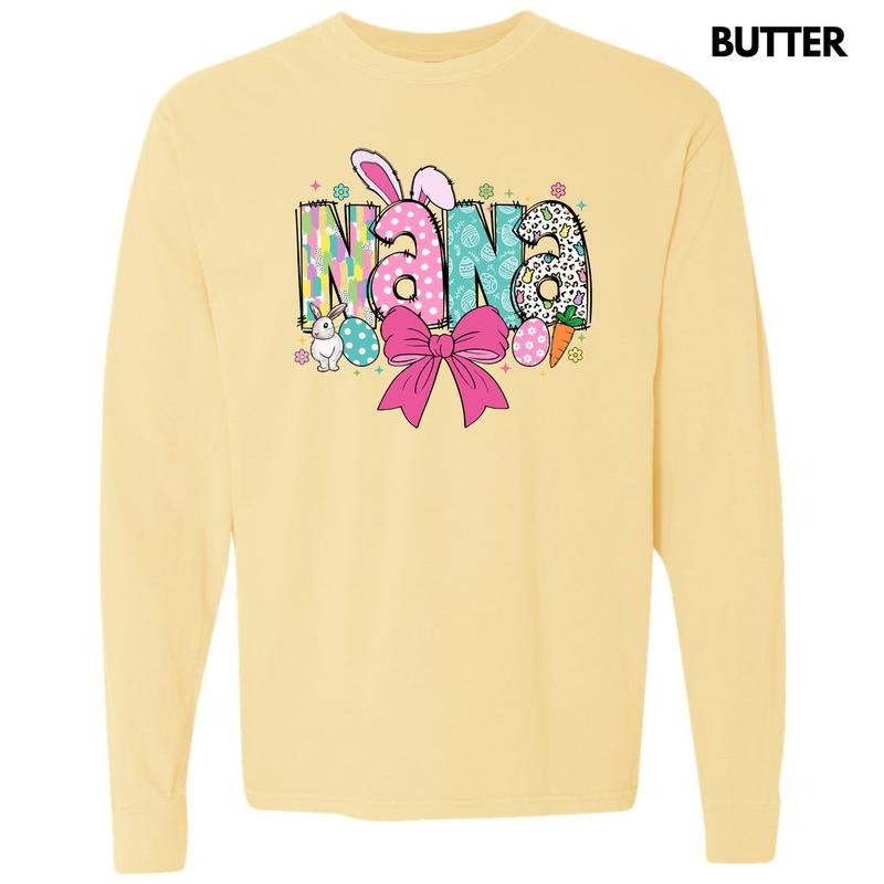 Nana Easter Coquette Long Sleeve Comfort Colors T-Shirt Hoodie, Sweatshirt | RetroVerseTees.com