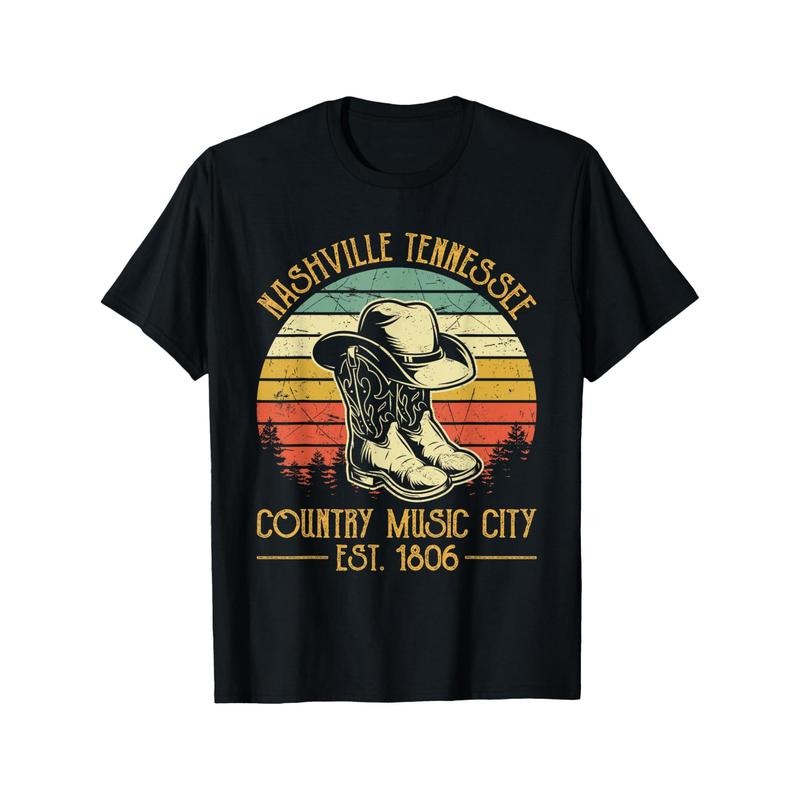 Nashville Tennessee Cowboy Boots Hat Country Music City T-shirt Comfortable, Casual Short Sleeve, Daily Wear, All Season,...