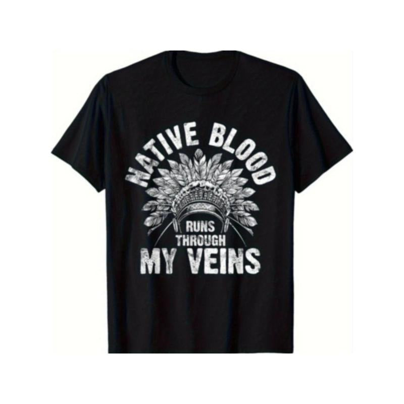 Native American Blood Pride T-Shirt, 100% Cotton Crew Neck Loose Fit Tee with Animal Applique, Casual Knit Fabric Vintage...
