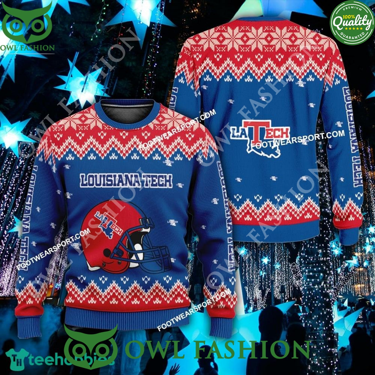 Logo Pattern Helmet Louisiana Tech Bulldogs Xmas 3D Ugly Sweater