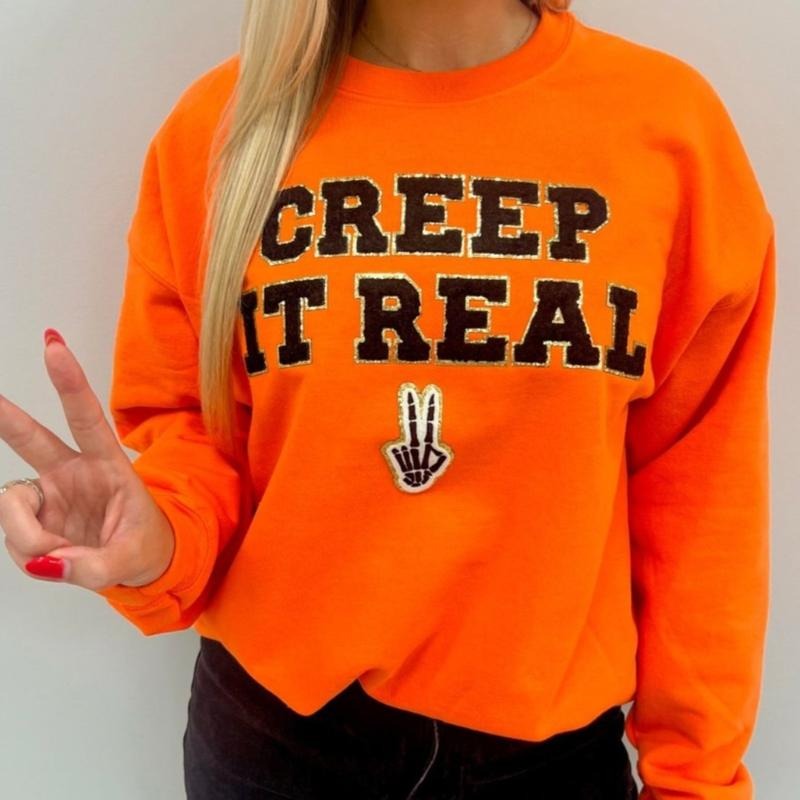 Neon 'Creep It Real' Letter Patch Sweatshirt T-Shirts, Hoodie | RetroVerseTees.com
