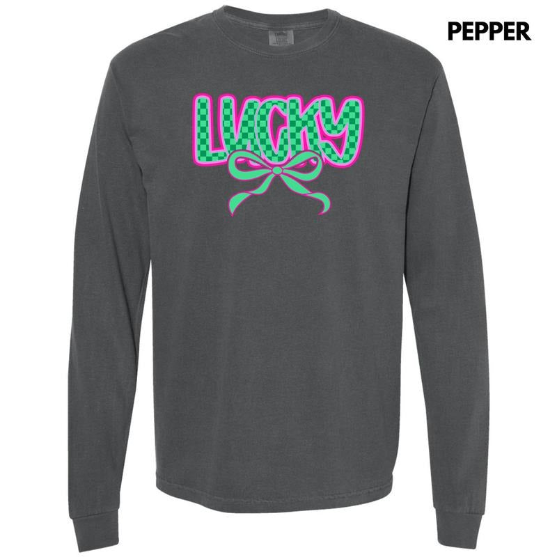 Neon Lucky Checkered Long Sleeve Comfort Colors T-Shirt 'NLB' Hoodie, Sweatshirt | RetroVerseTees.com