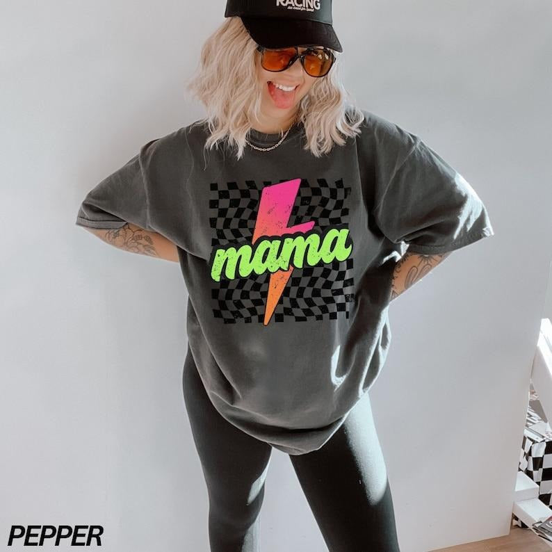 Neon Mama Comfort Colors Shirt, Checkered Mama Shirt, Lightning Bolt Shirt, Mothers Day Gift, Retro Checkered Mom Tshirt,...